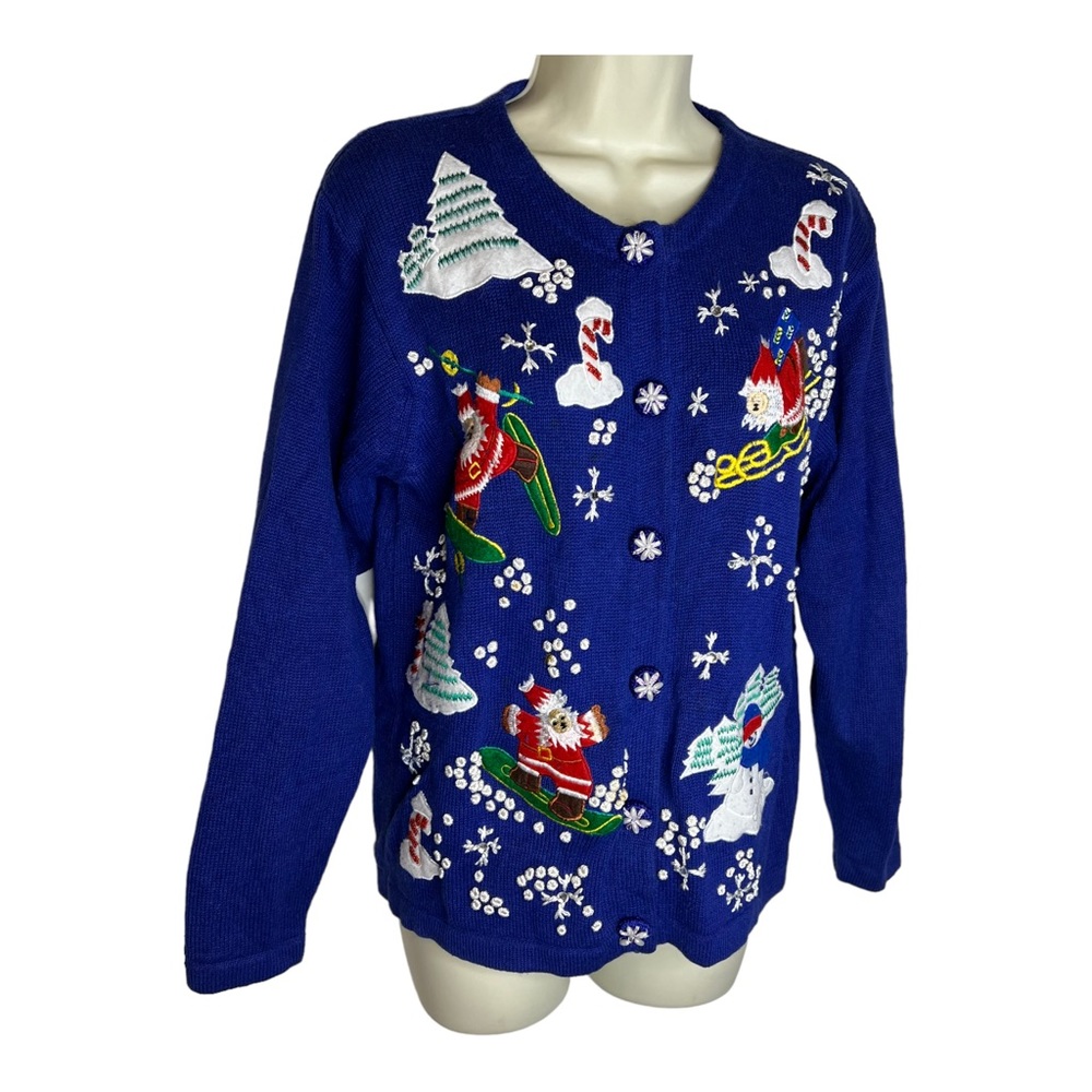 Vintage Victoria Harbour Santa on Skies Ugly Christmas Sweater Cardigan read